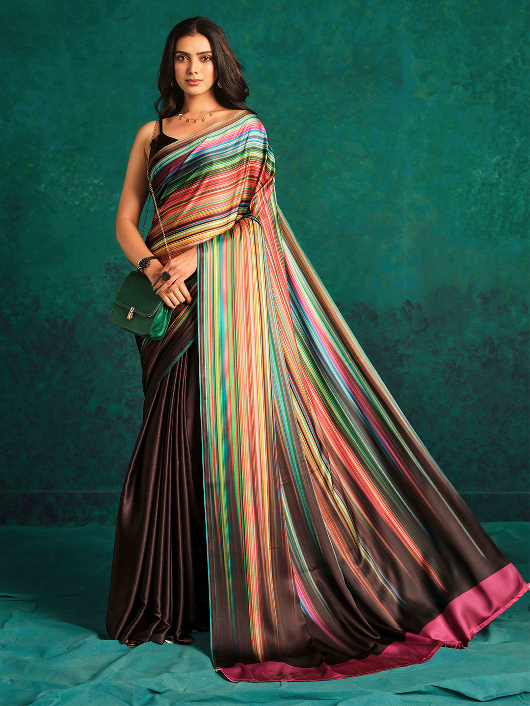 Sangria Striped Digital Printed Satin Saree - Distacart