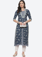 Thumbnail for Biba Women Navy Blue & Beige Floral Printed Kurta - Distacart