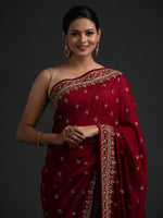 Thumbnail for Koskii Maroon & Gold-Toned Designer Embroidered Art Silk Saree - Distacart