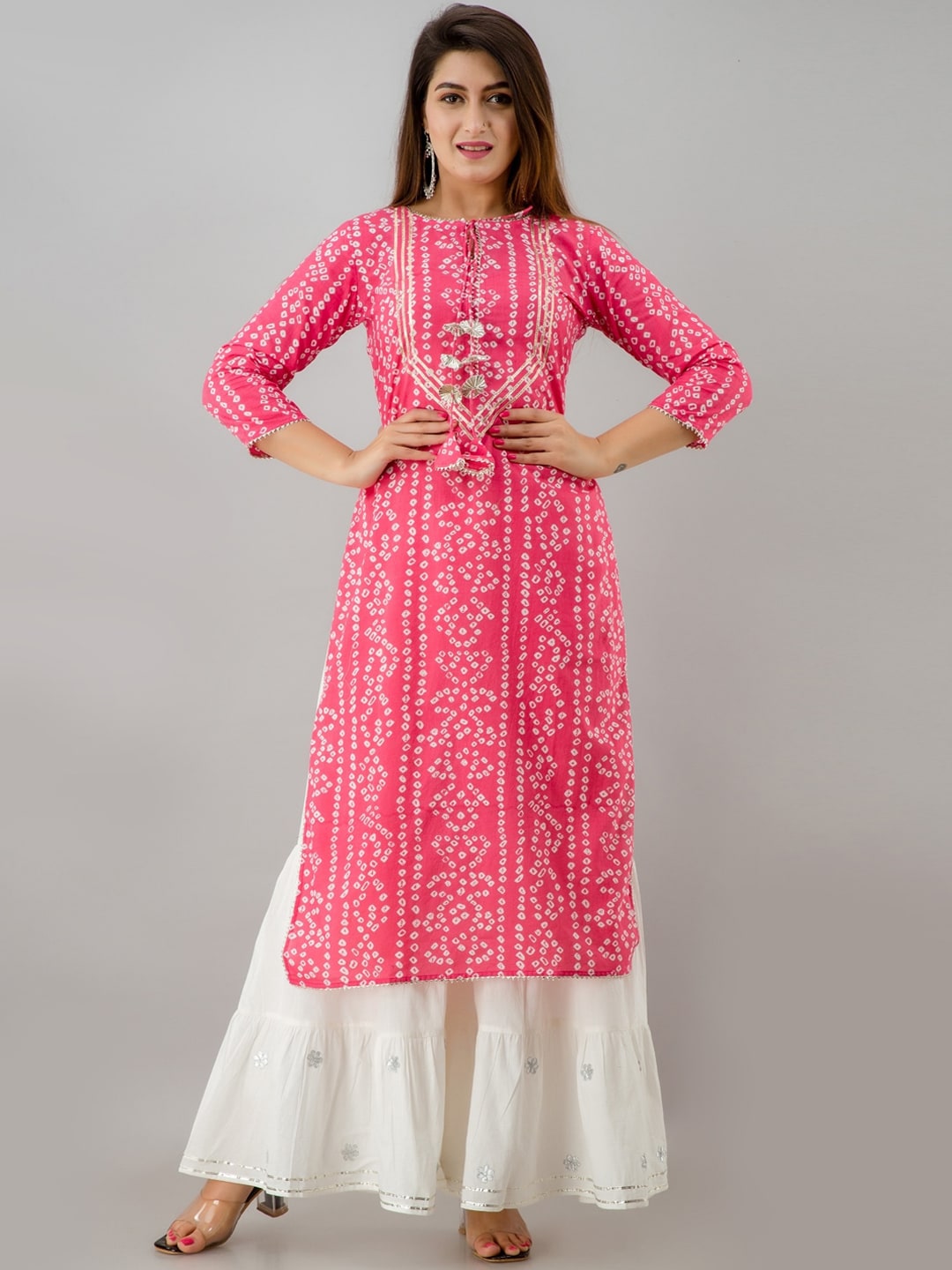 HERE&NOW Pink Tie Up Neck Bandhani Printed Gotta Patti Kurta - Distacart