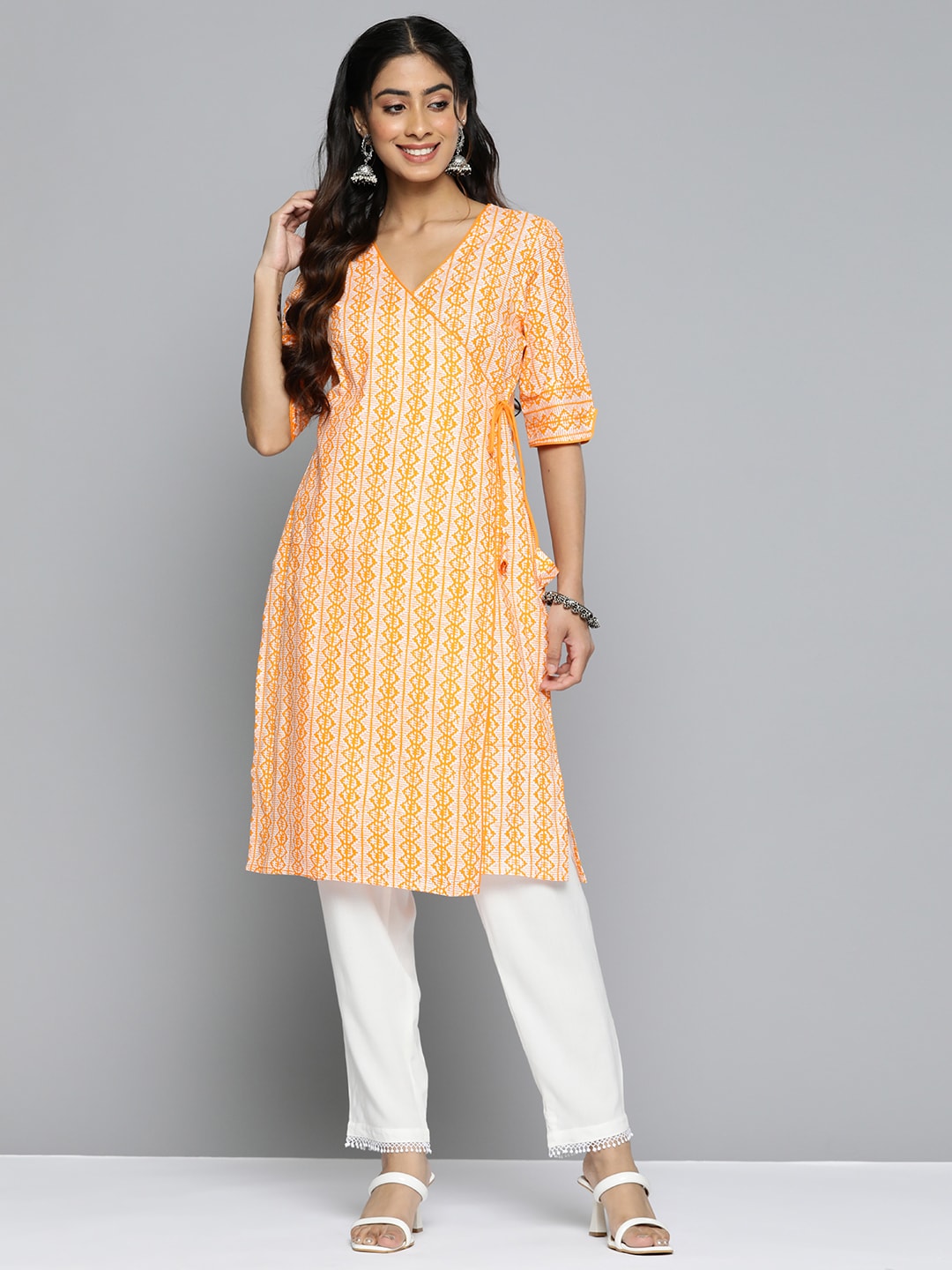 HERE&NOW Ethnic Motifs Printed Straight Angrakha Kurta - Distacart