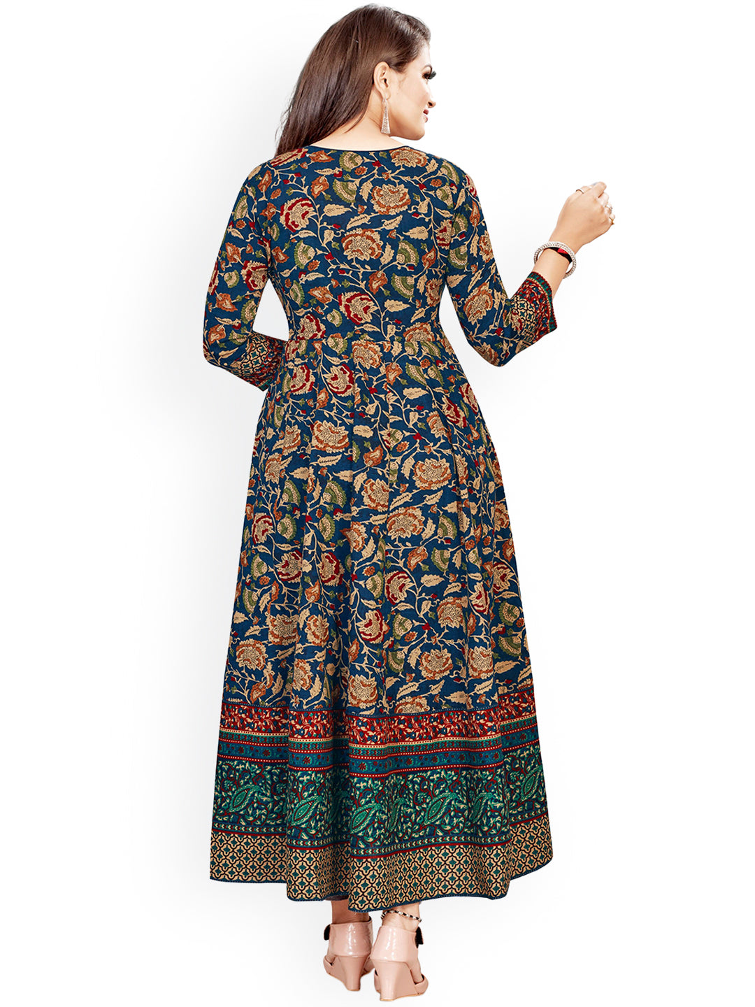 Kalini Women Navy Blue & Beige Ethnic Motifs Printed Anarkali Kurta with Tie-Ups - Distacart