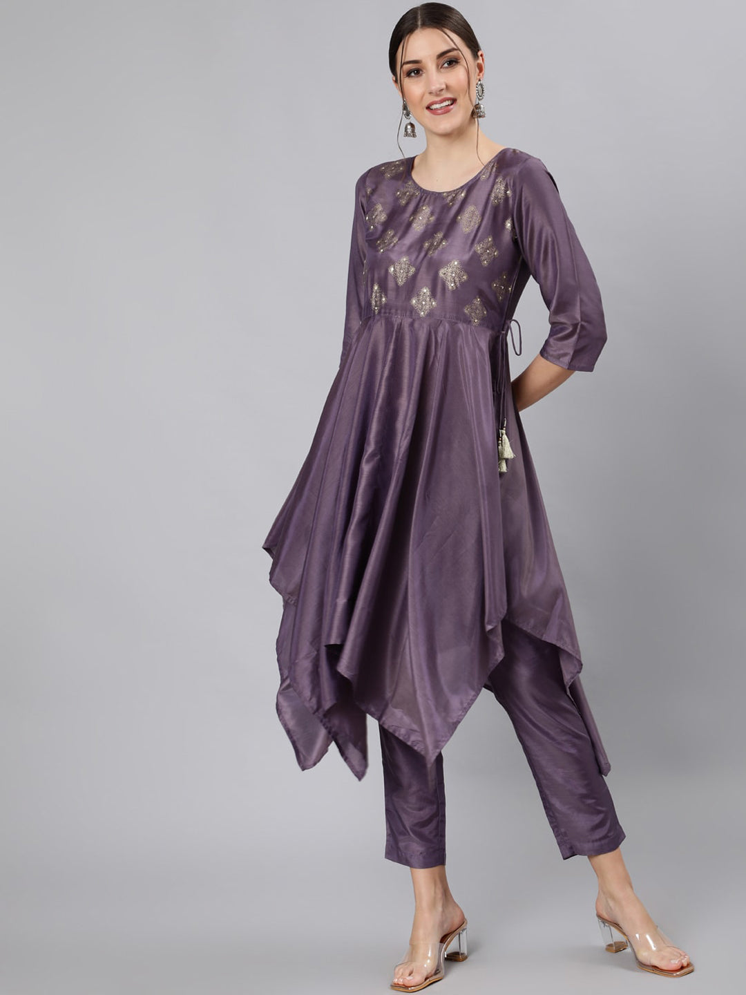 Jaipur Kurti Women Purple Floral Yoke Design Empire Kurti with Trousers - Distacart