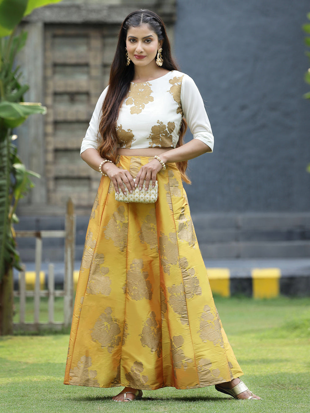 Juniper Women`s Mustard Dupion Printed Flared Lehenga Choli Sets - Distacart