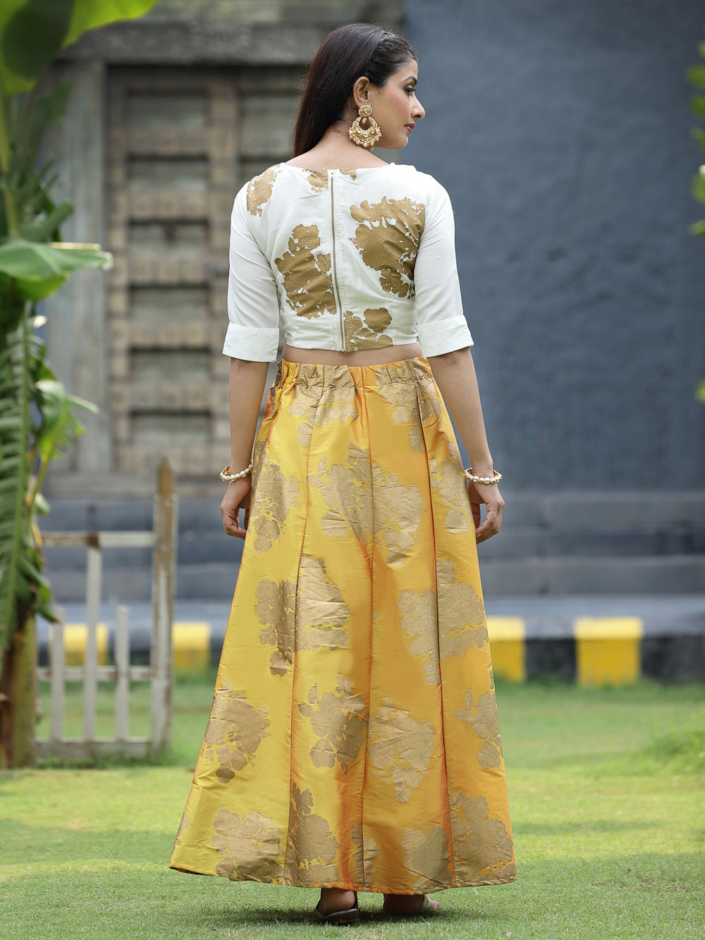 Juniper Women`s Mustard Dupion Printed Flared Lehenga Choli Sets - Distacart