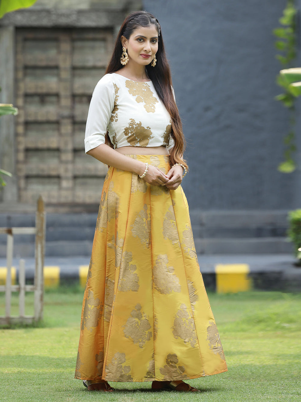 Juniper Women`s Mustard Dupion Printed Flared Lehenga Choli Sets - Distacart