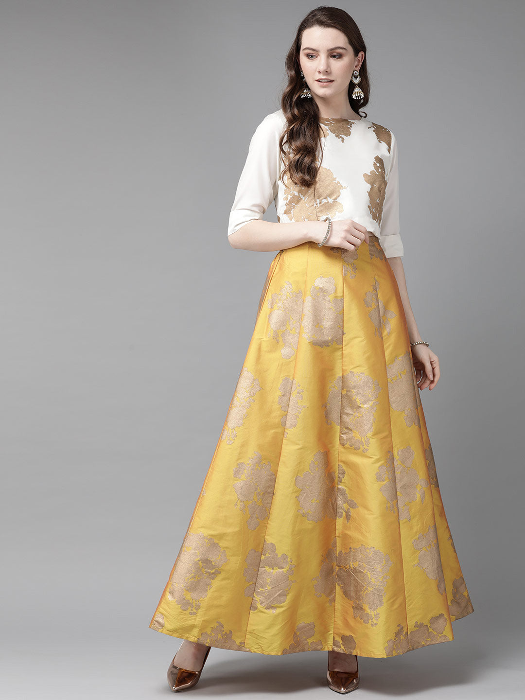 Juniper Women Mustard Dupion Printed Flared Lehenga Choli Sets - Distacart