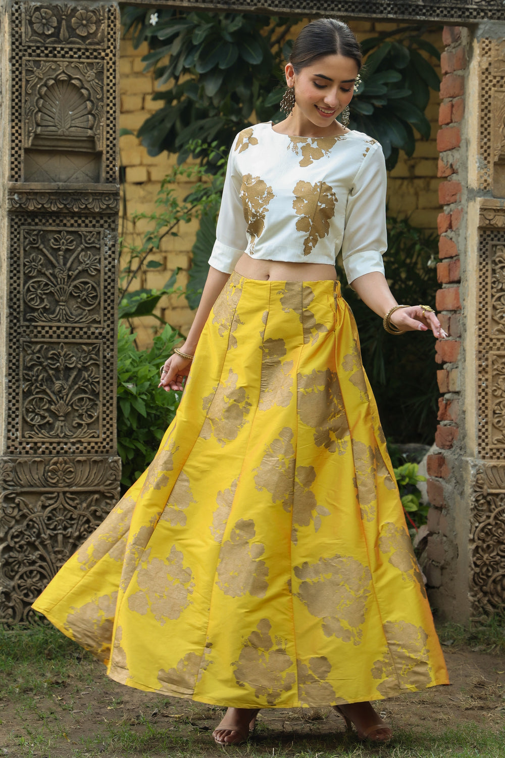 Juniper Women`s Mustard Dupion Printed Flared Lehenga Choli Sets - Distacart