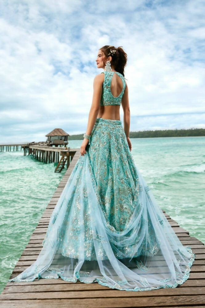 House of Panchhi Turquoise Blue Net Sequins And Zarkan Embroidery Lehenga Choli & Dupatta - Distacart