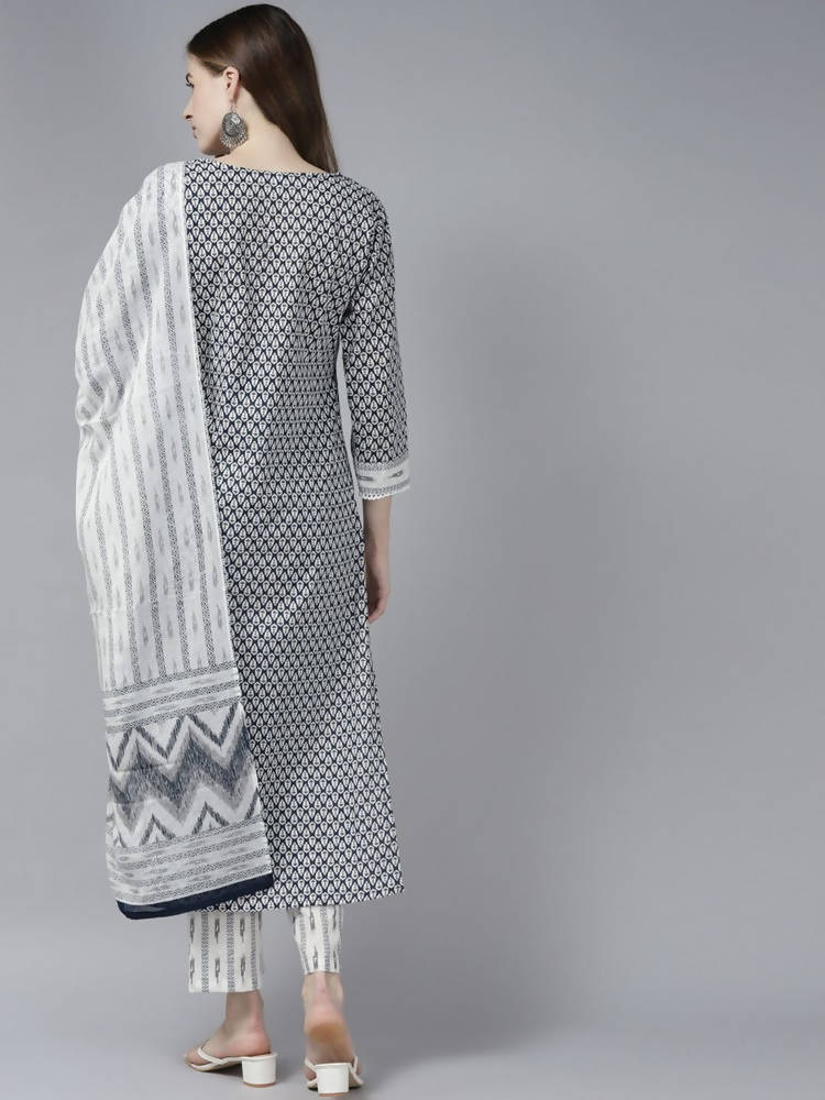 Yufta Women Black White Ethnic Motifs Pure Cotton Kurta with Palazzo and Dupatta