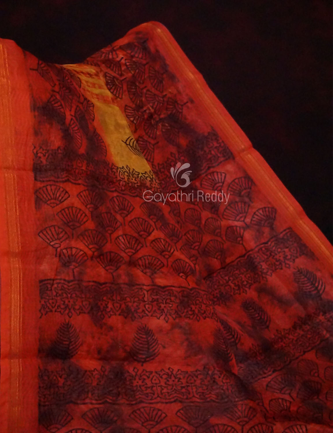 Yellow And Red Colour Block Print Semi Chanderi Saree By Gayathri Reddy Designer Studio - Distacart