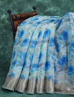 Thumbnail for Powder Blue And Dark Blue Coloured Floral Print Semi Chanderi Saree By Gayathri Reddy Designer Studio - Distacart