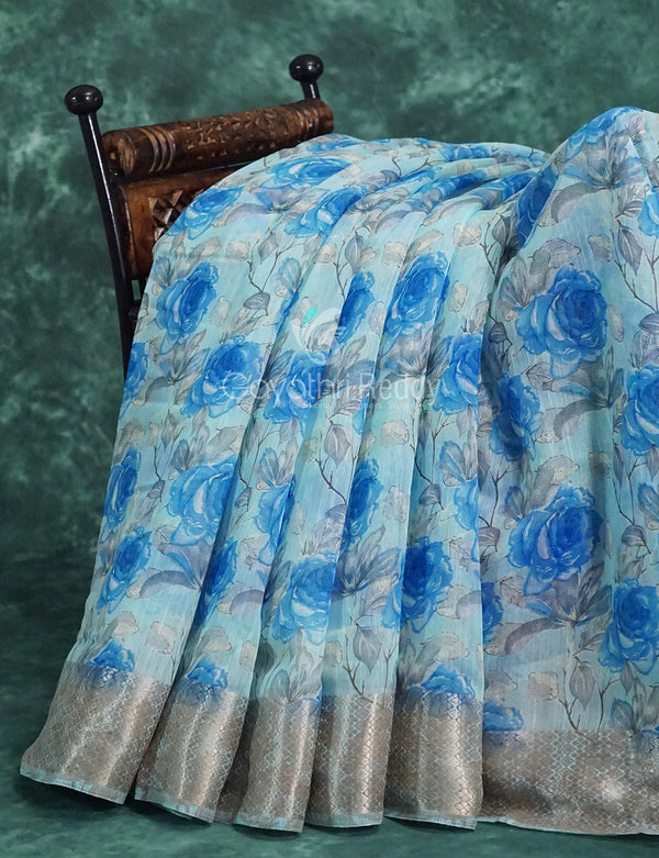 Powder Blue And Dark Blue Coloured Floral Print Semi Chanderi Saree By Gayathri Reddy Designer Studio - Distacart