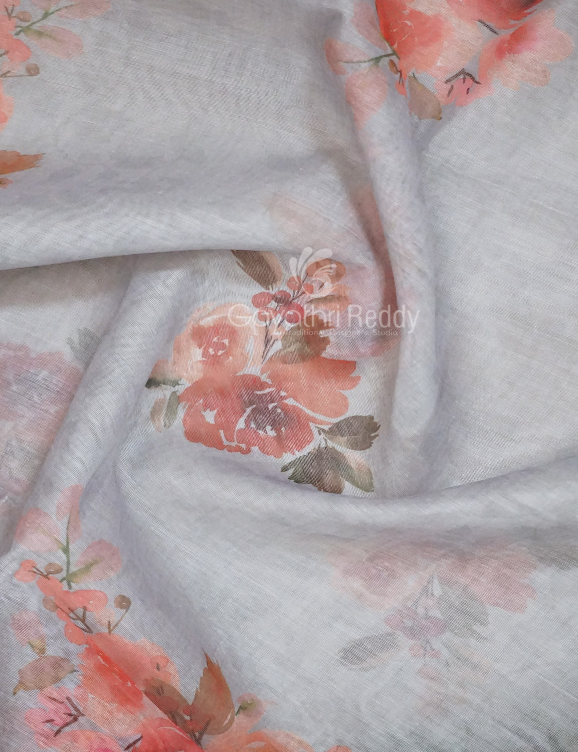 Shades of Light Grey Floral Print Semi Chanderi Saree By Gayathri Reddy Designer Studio - Distacart