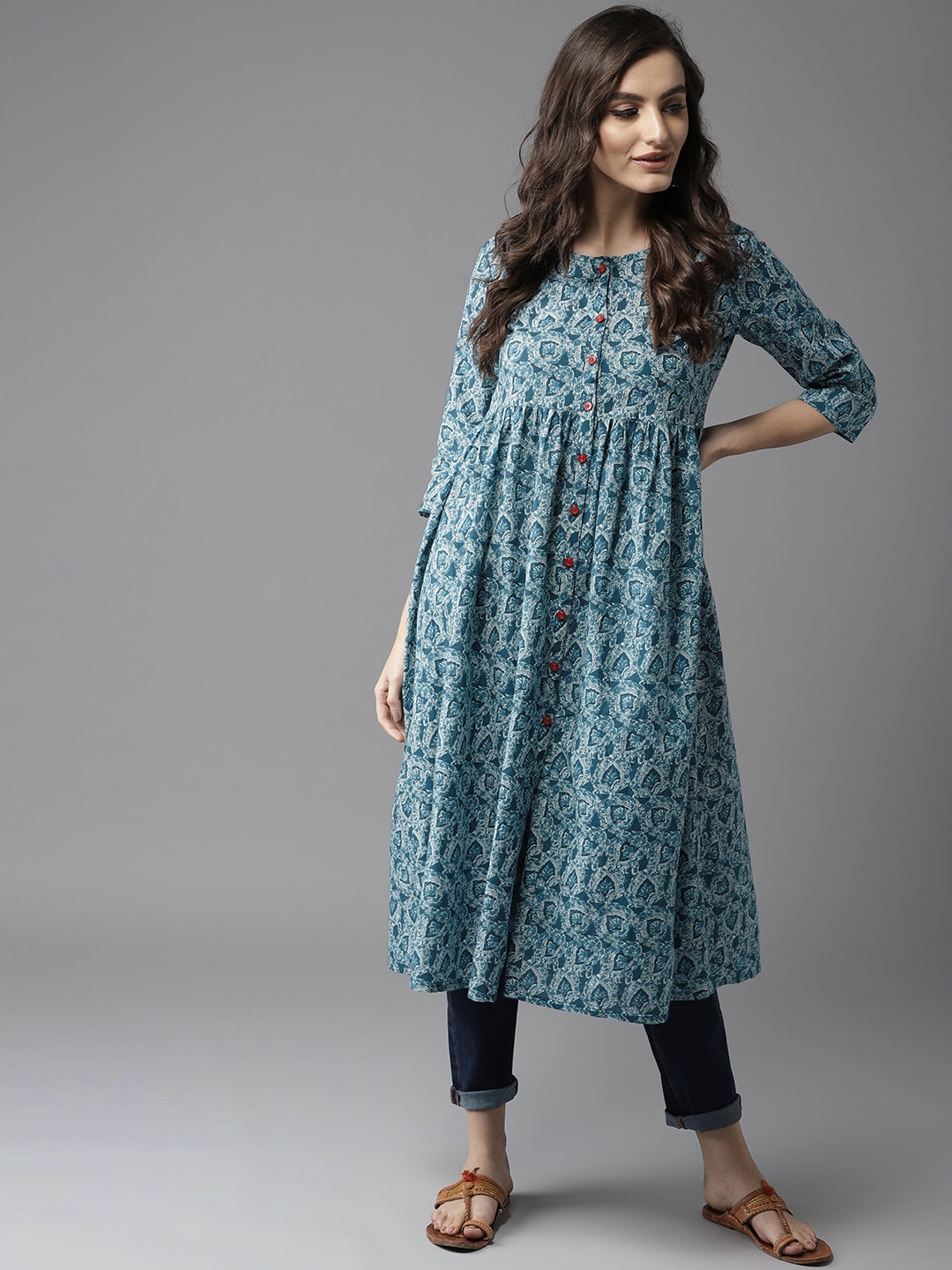 HERE&NOW Women Teal Blue & White Printed A-Line Kurta - Distacart