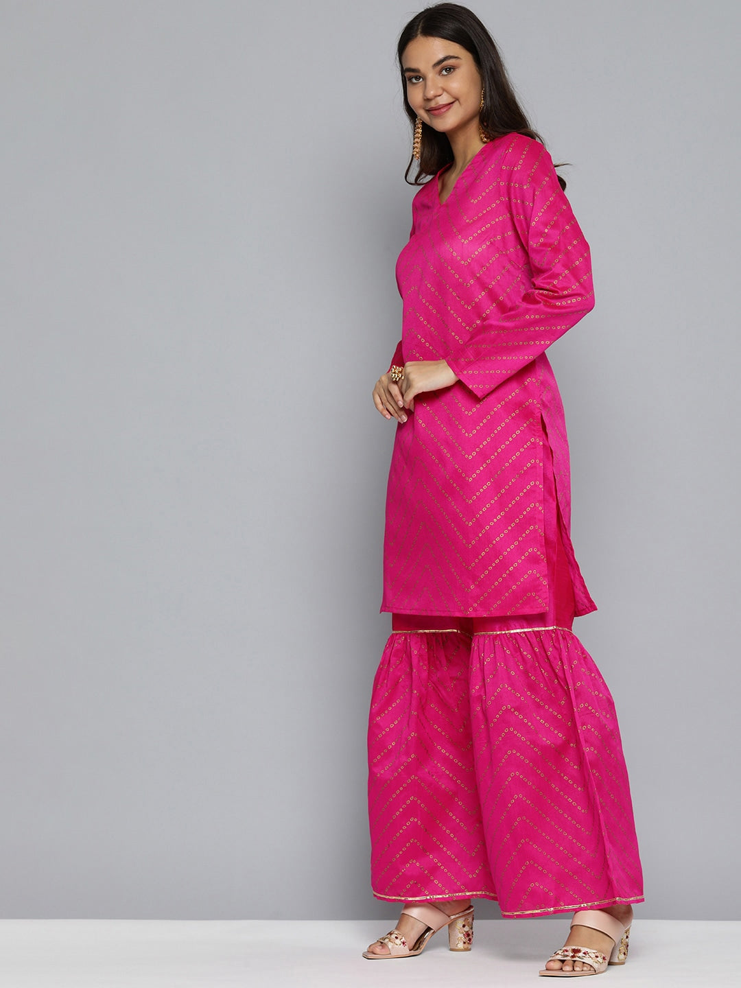 HERE&NOW Women Pink Ethnic Motifs Printed Gotta Patti Kurta with Sharara With Dupatta - Distacart