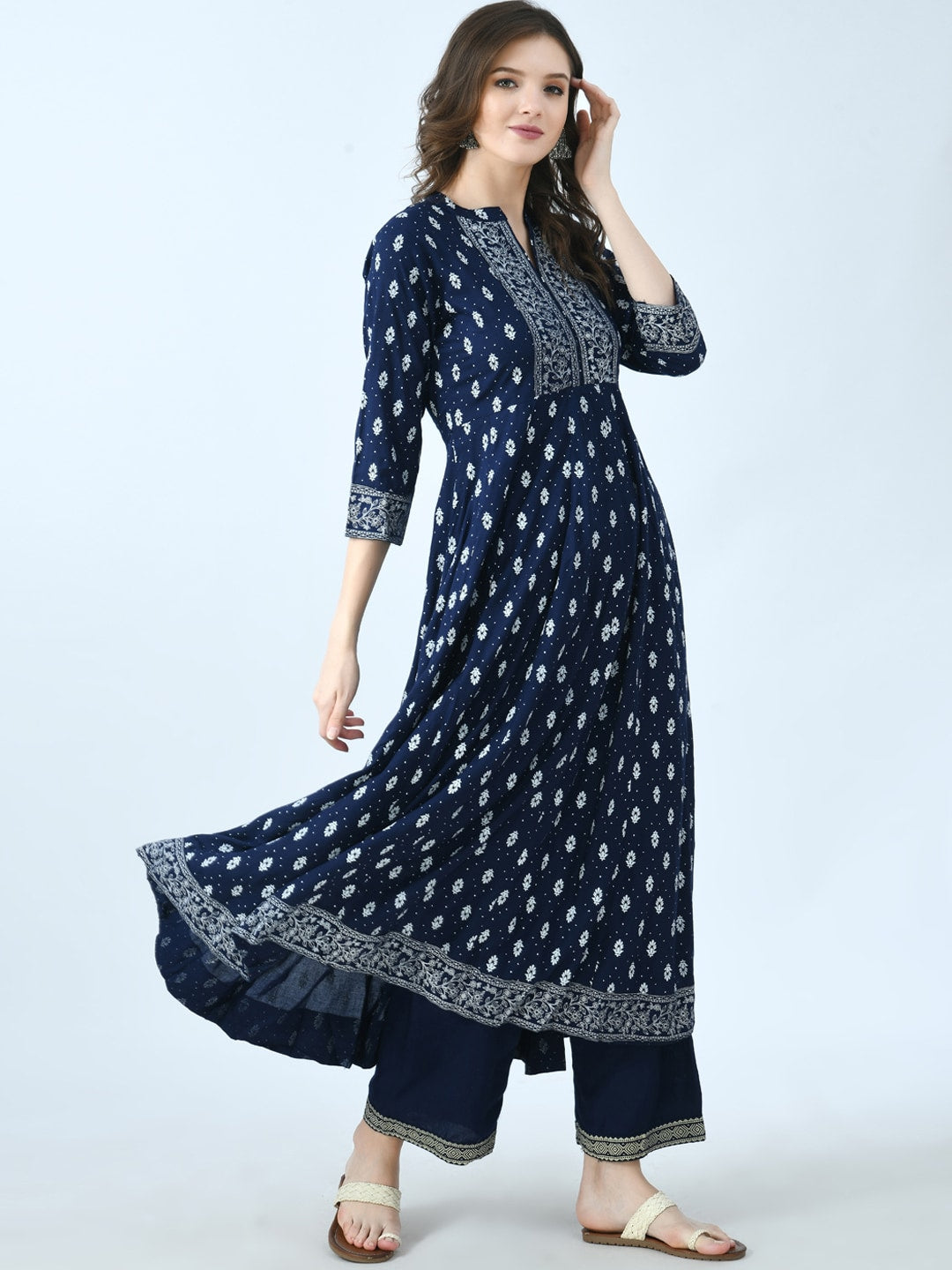 Kalini Ethnic Motifs Printed Mandarin Collar Anarkali Kurta With Palazzos - Distacart