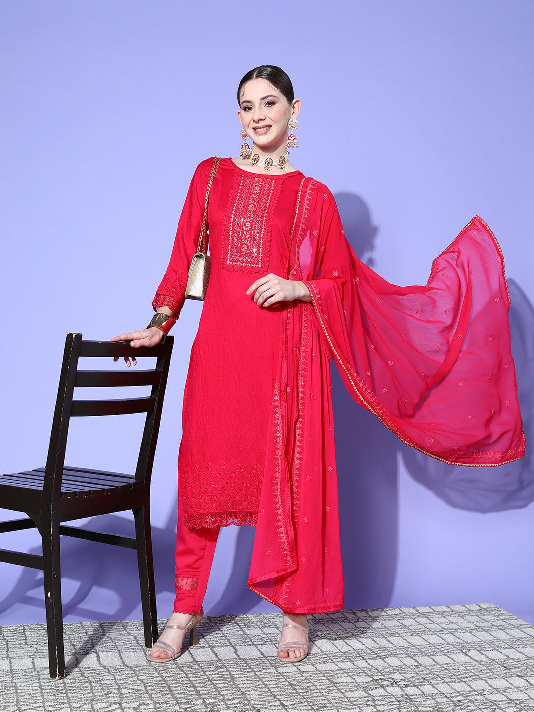 Sangria Floral Embroidered Regular Sequinned Kurta with Trousers & With Dupatta - Distacart