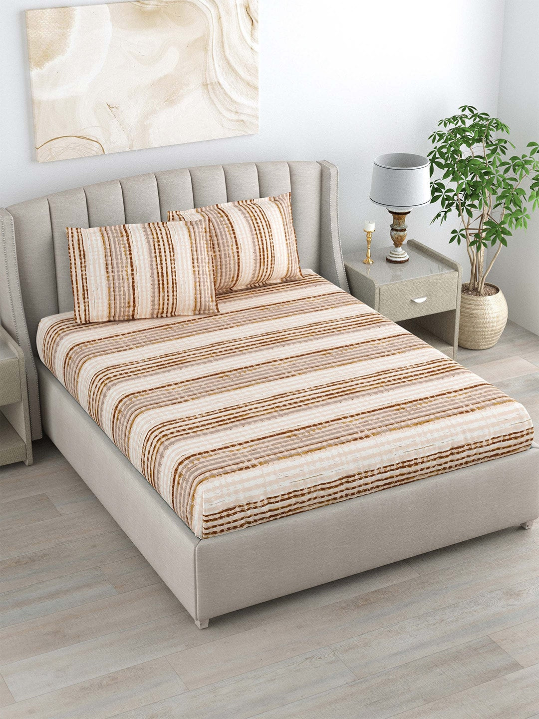 DREAM WEAVERZ Beige & Brown Striped Pure Cotton 220 TC King Bedsheet With 2 Pillow Covers - Distacart