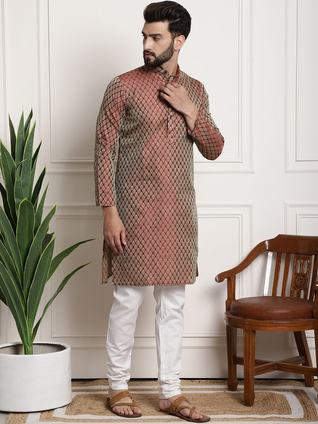Sojanya Men Maroon & Off-White Woven Design Kurta with Churidar - Distacart