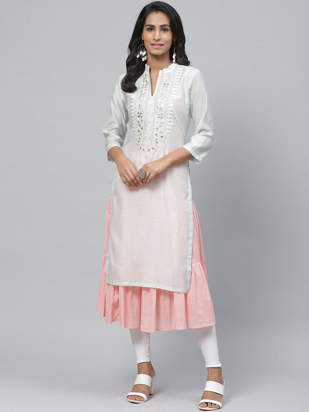 Biba Women Sea Green & Pink Yoke Design Layered A-Line Kurta - Distacart