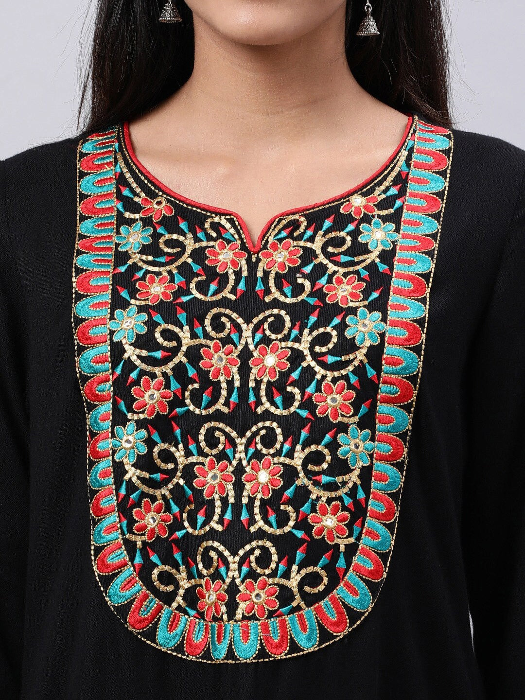 Souchii Black Geometric Yoke Design Thread Work Grandeur & Majestic Artwork Kurta - Distacart