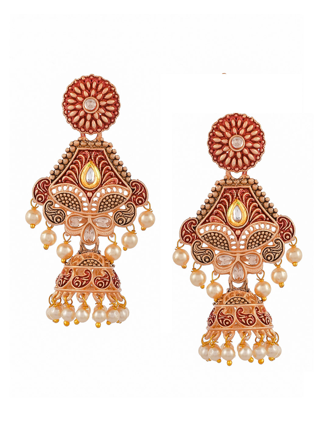 Shoshaa Maroon & Gold-Toned & Plated Contemporary Antique Jhumkas Earrings - Distacart