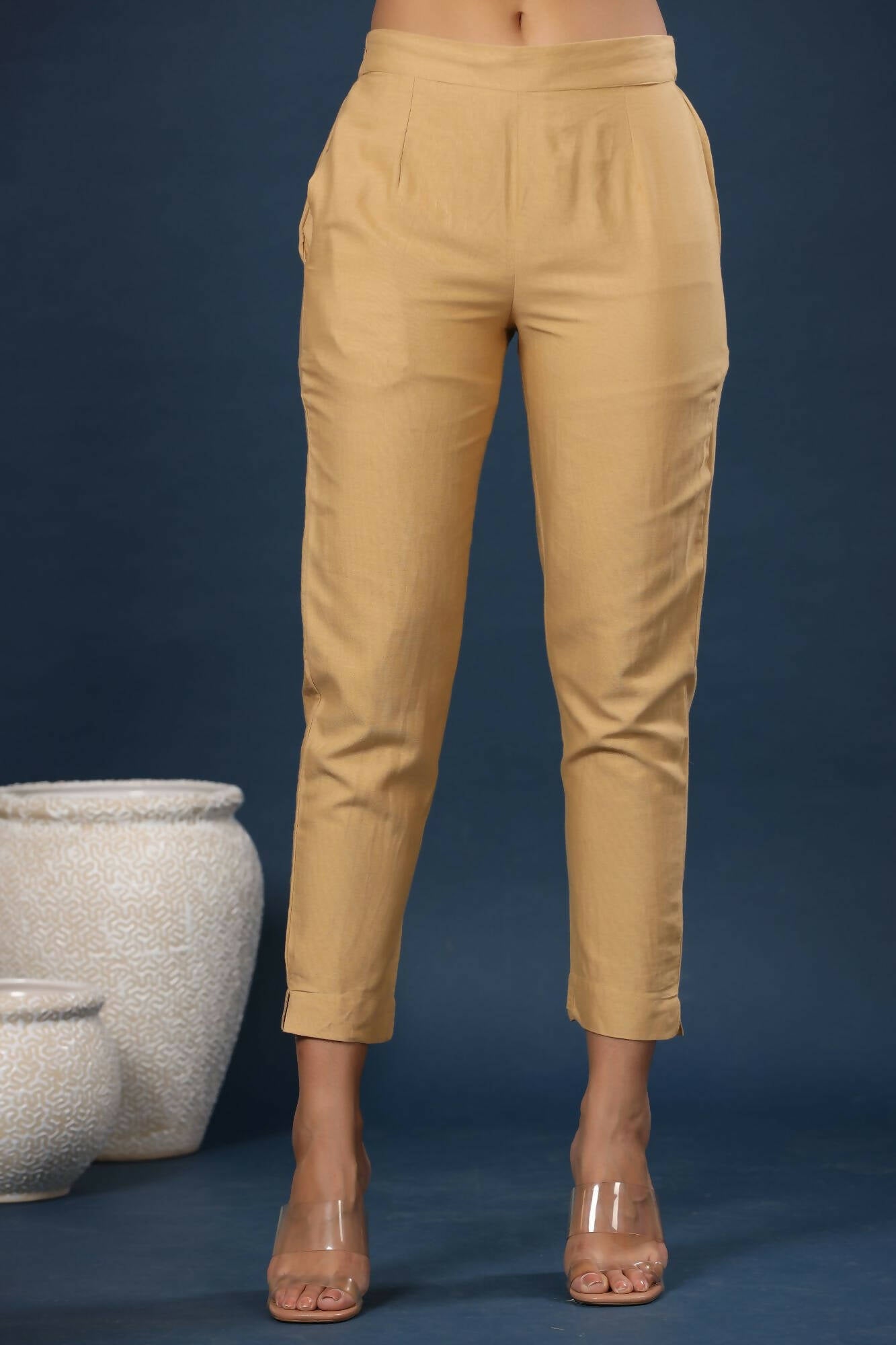 Juniper Women Gold Cotton Flex Solid Slim Fit Pant/Slim Pant - Distacart