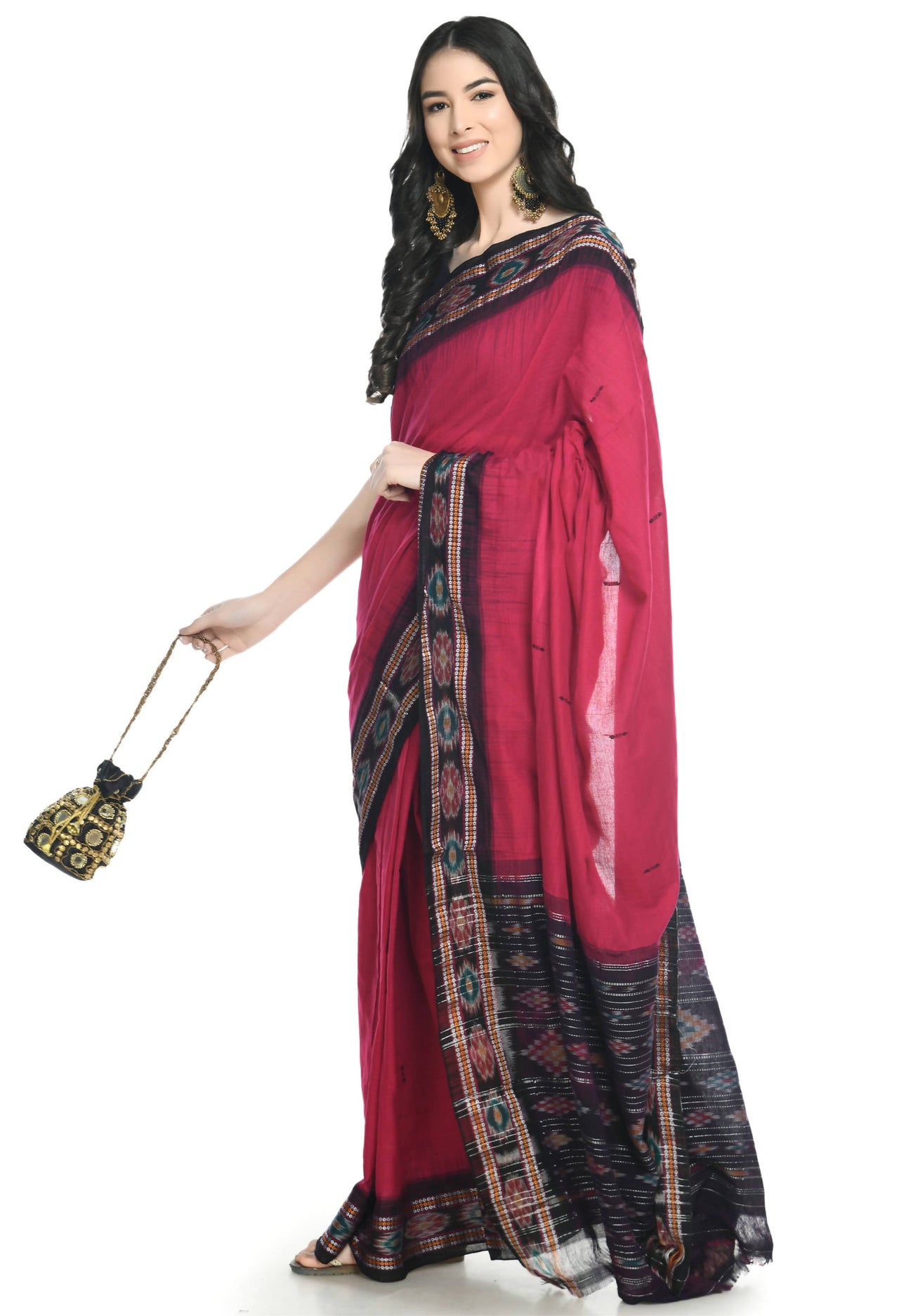 Vamika Sambalpuri Ikat Cotton Rekhabala Buti Magenta & Black Saree - Distacart