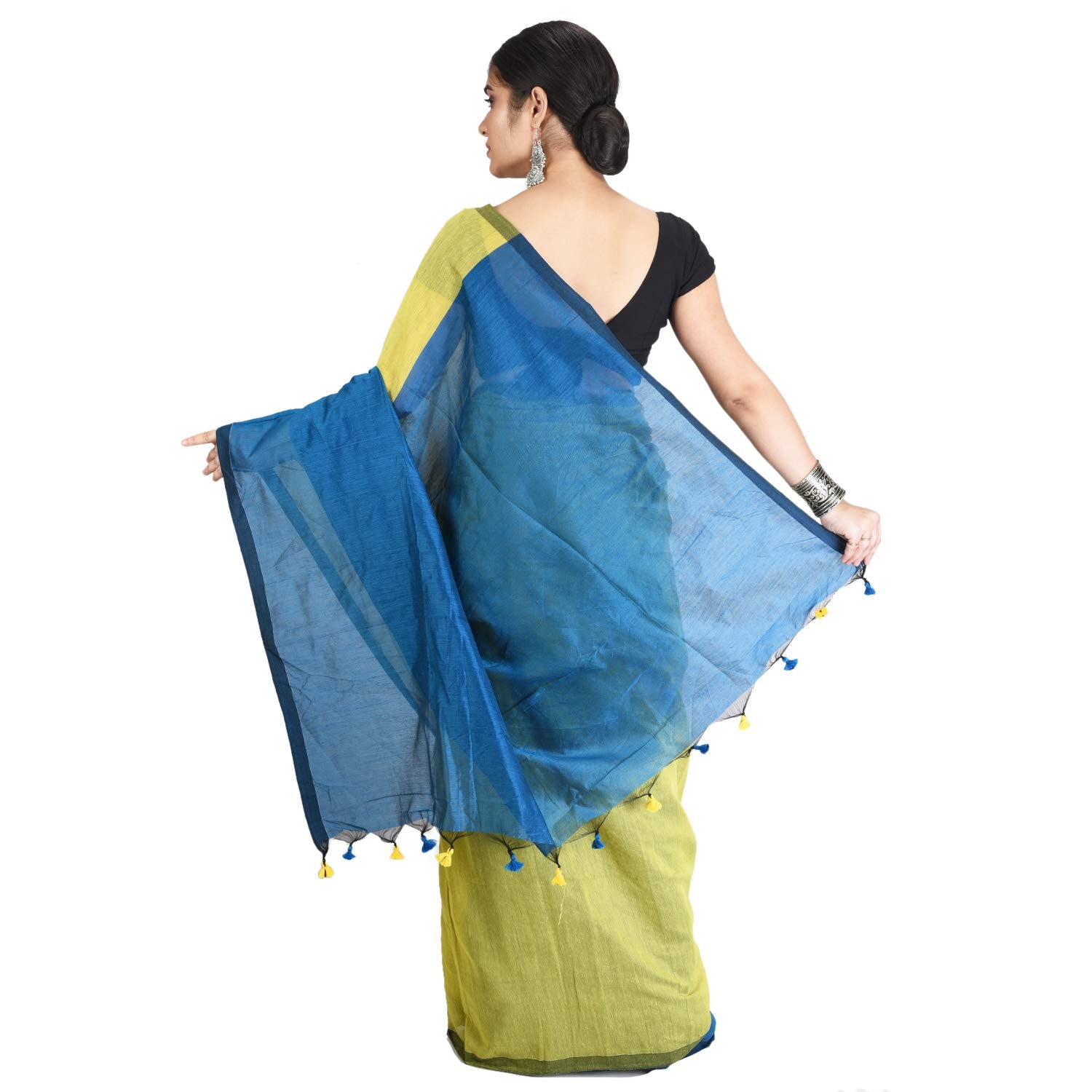 Desh Bidesh Bengal Cotton Tant Women's Bengal Half Half Ghicha Handloom Cotton Silk Saree With Blouse Piece (Olive Light Blue ) - Distacart
