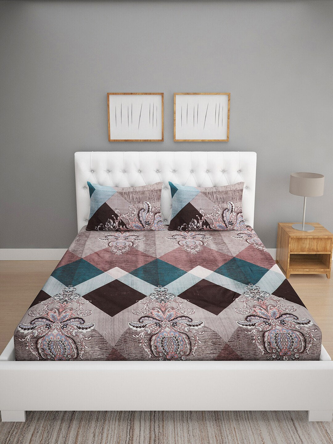 ROMEE Brown Geometric Print 144 TC Microfiber Queen Bedsheet with 2 Pillow Covers - Distacart