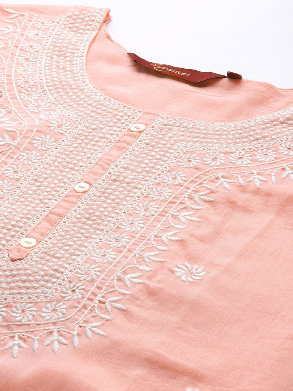 Sangria Women Pink Embroidered Thread Work Pure Cotton Kurta with Trousers & With Dupatta - Distacart