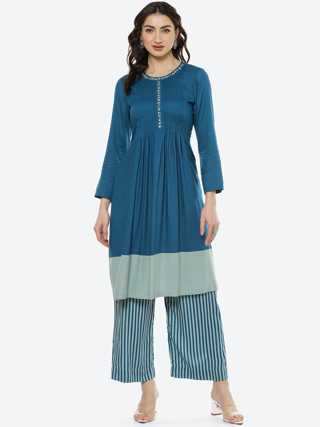 Biba Women Teal Kurta with Palazzos - Distacart