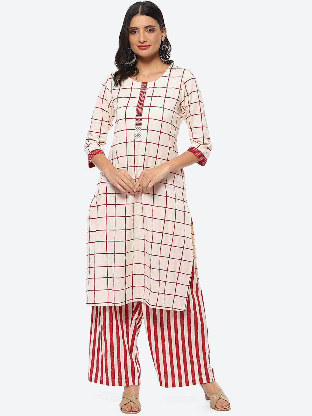 Biba Checked Printed Kurta With Palazzos - Distacart