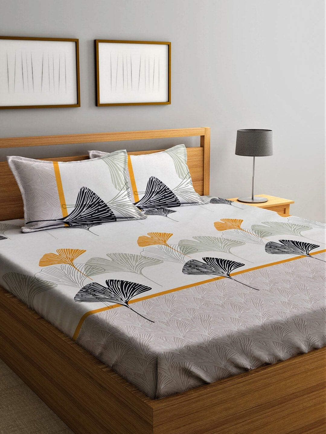 Home Sizzler Grey & Yellow Floral 210 TC Queen Bedsheet with 2 Pillow Covers - Distacart