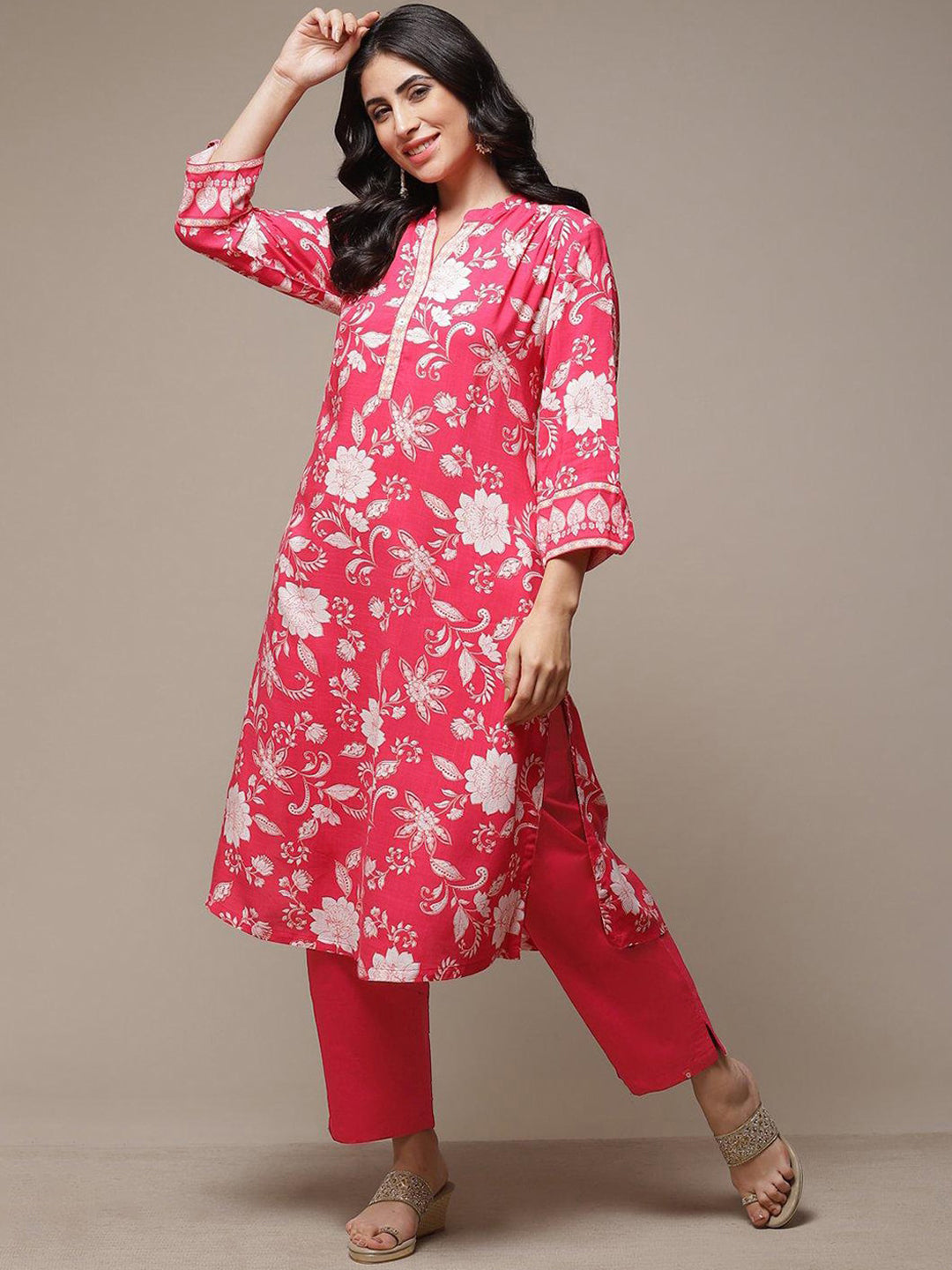 Biba Mandarin Collar Floral Printed A-Line Kurta - Distacart