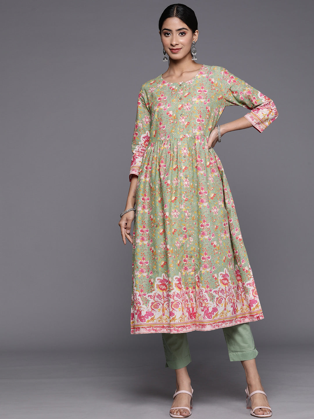 Biba Floral Printed Pure Cotton Anarkali Kurta with Trousers - Distacart