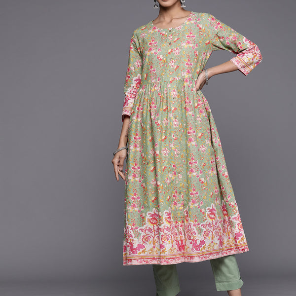 Biba Floral Printed Pure Cotton Anarkali Kurta with Trousers - Distacart
