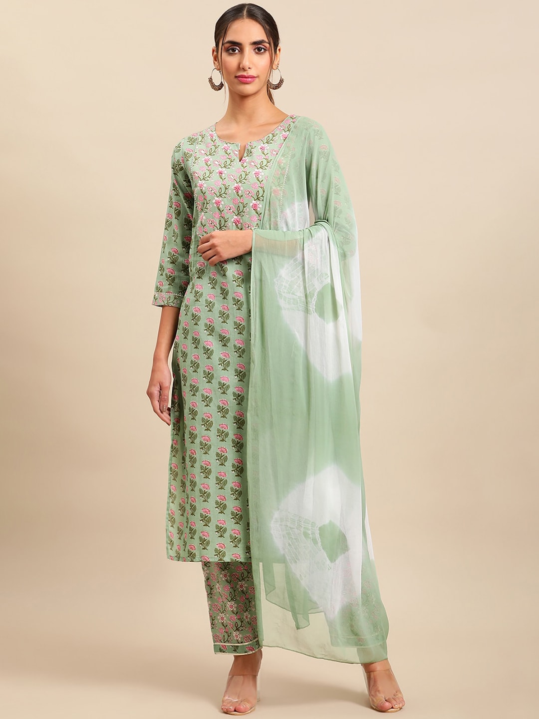 Sangria Women Floral Printed Gotta Patti Pure Cotton Kurta with Trousers & With Dupatta - Distacart
