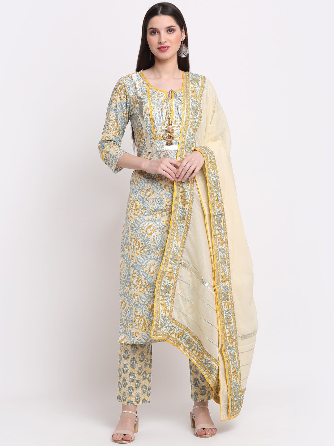 Kalini Women Yellow Ethnic Motifs Printed Pure Cotton Kurta with Trousers & With - Distacart