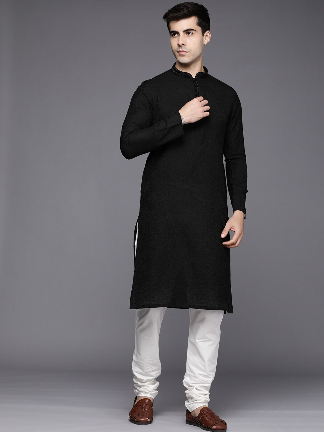 Manyavar Men Black Floral Woven Deisgn Sequinned Kurta with Churidar - Distacart