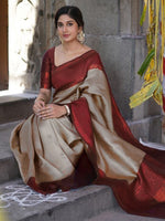 Thumbnail for Mitera Off White & Maroon Checked Zari Saree - Distacart