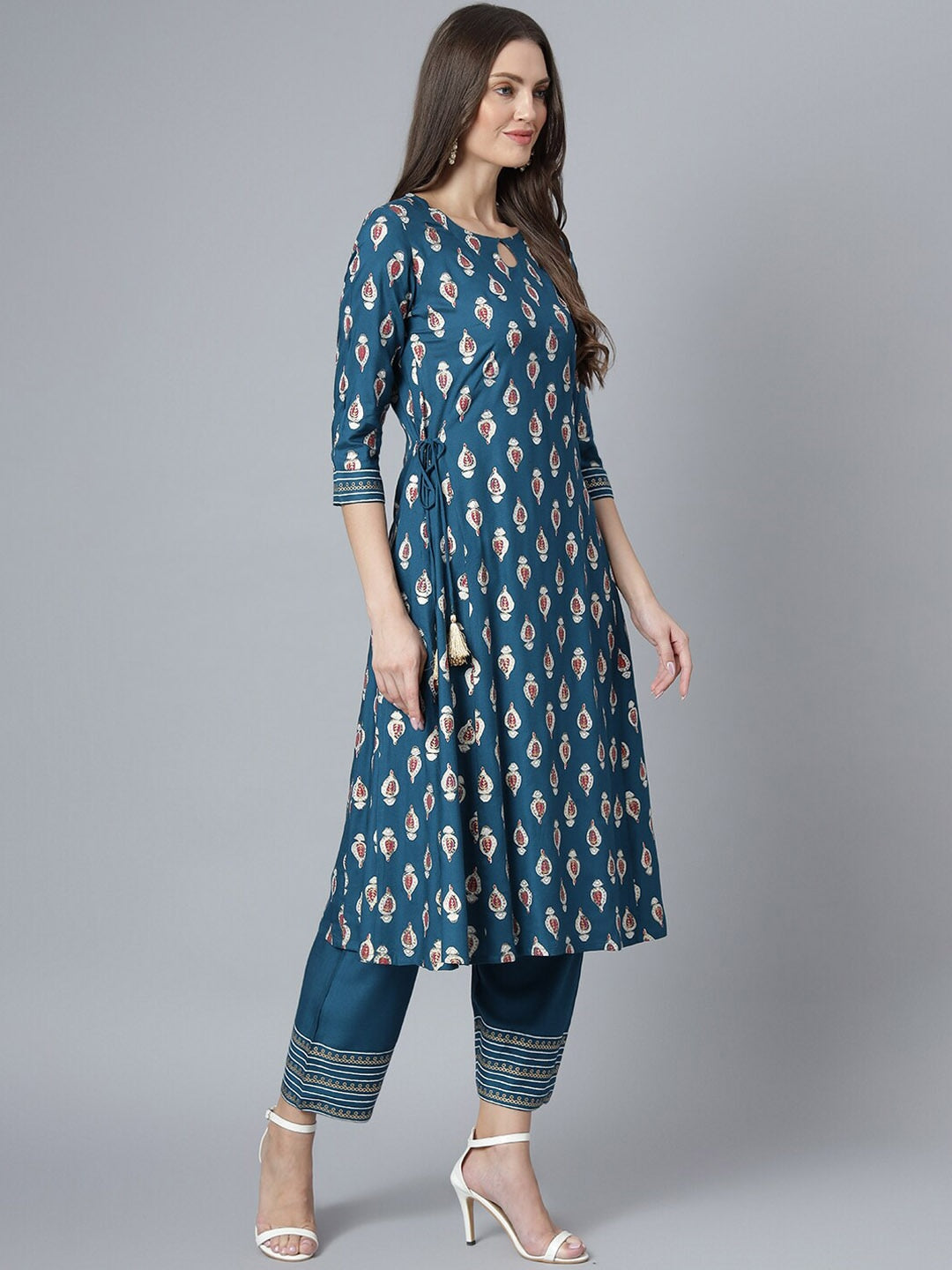 Khushal K Ethnic Motifs Printed Keyhole Neck Kurta with Palazzos & Dupatta - Distacart
