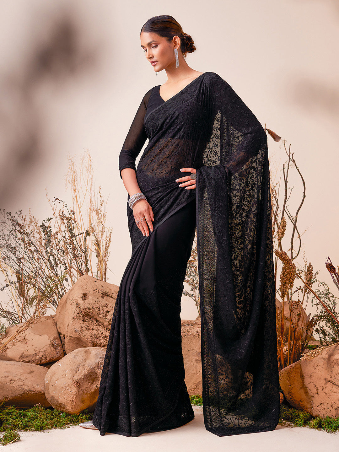 Soch Floral Embroidered Stone Work Saree - Distacart
