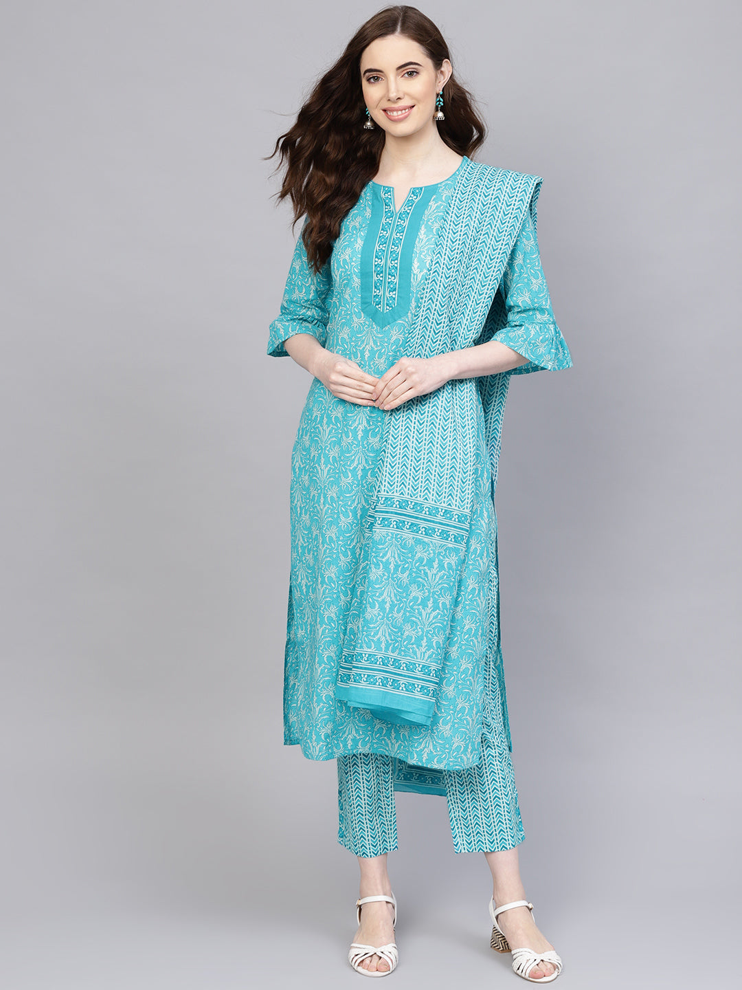 Jaipur Kurti Women Blue & White Printed Kurta with Trousers & Dupatta - Distacart