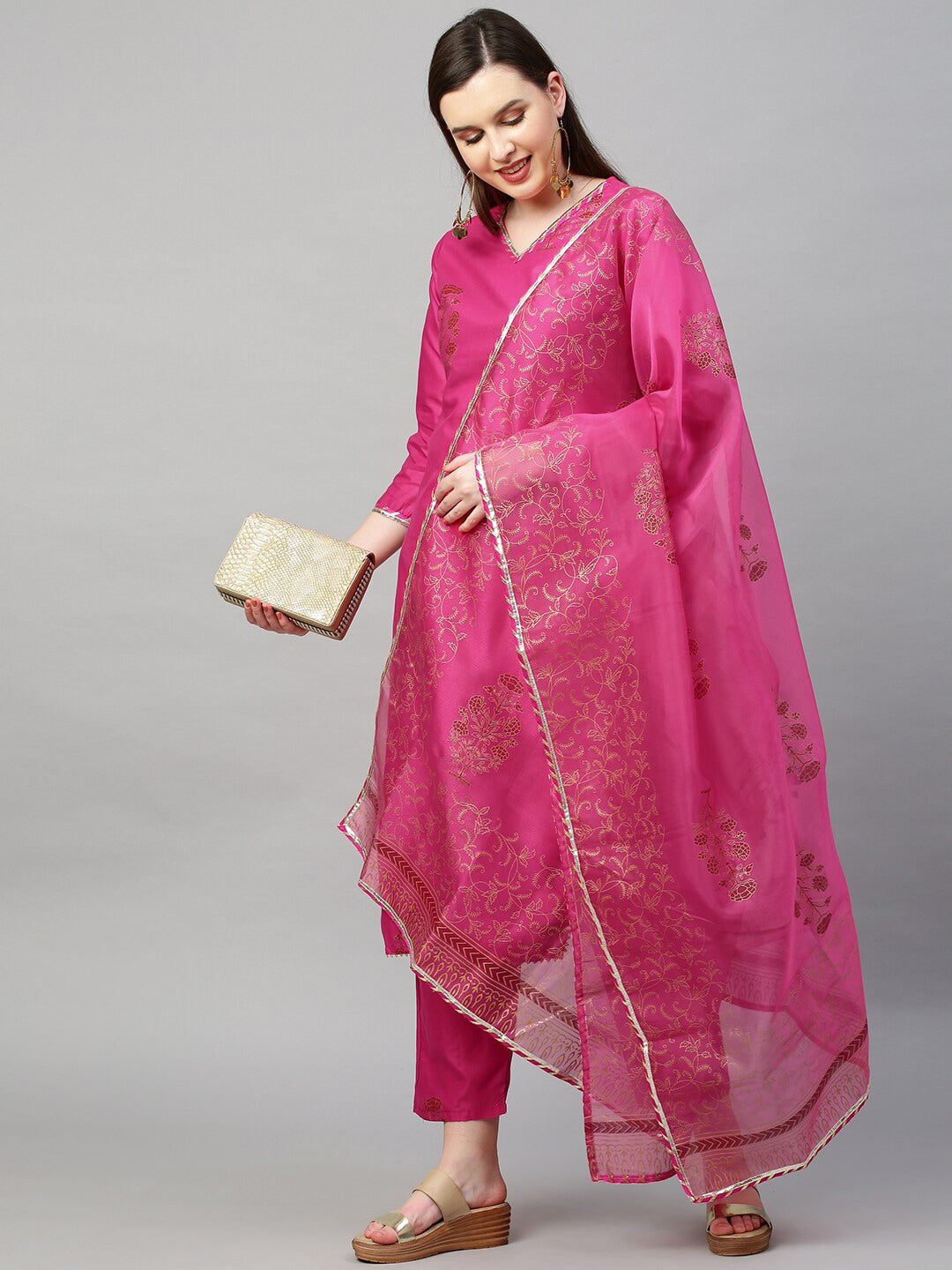 Kalini Women Pink Floral Printed Gotta Patti Kurta with Trousers & With Dupatta - Distacart
