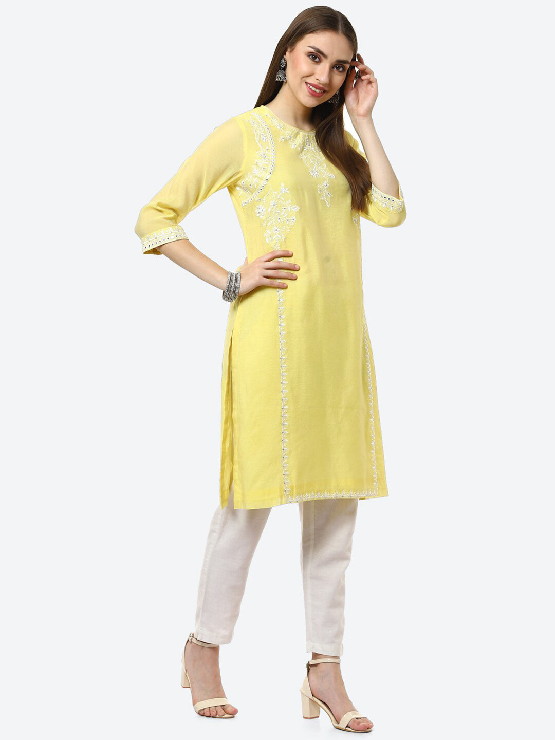 Biba Women Yellow Ethnic Motifs Embroidered Chikankari Kurta - Distacart