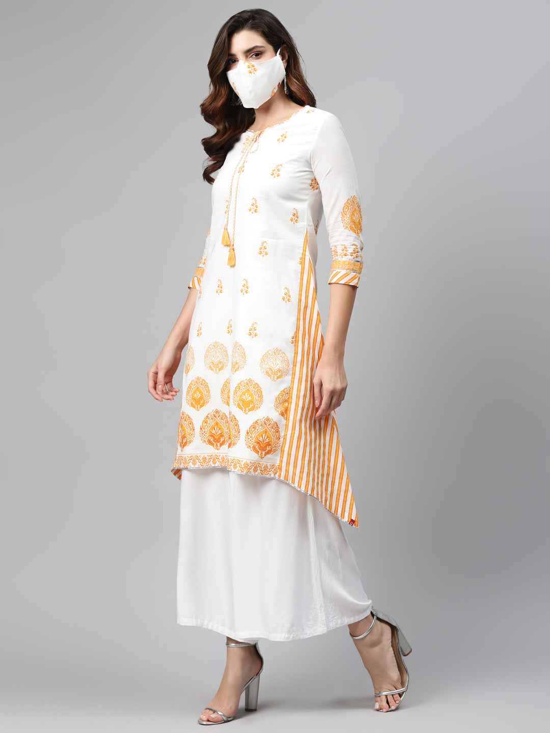 Biba Women White Yellow Printed Pure Cotton A-Line Asymmetric Kurta - Distacart