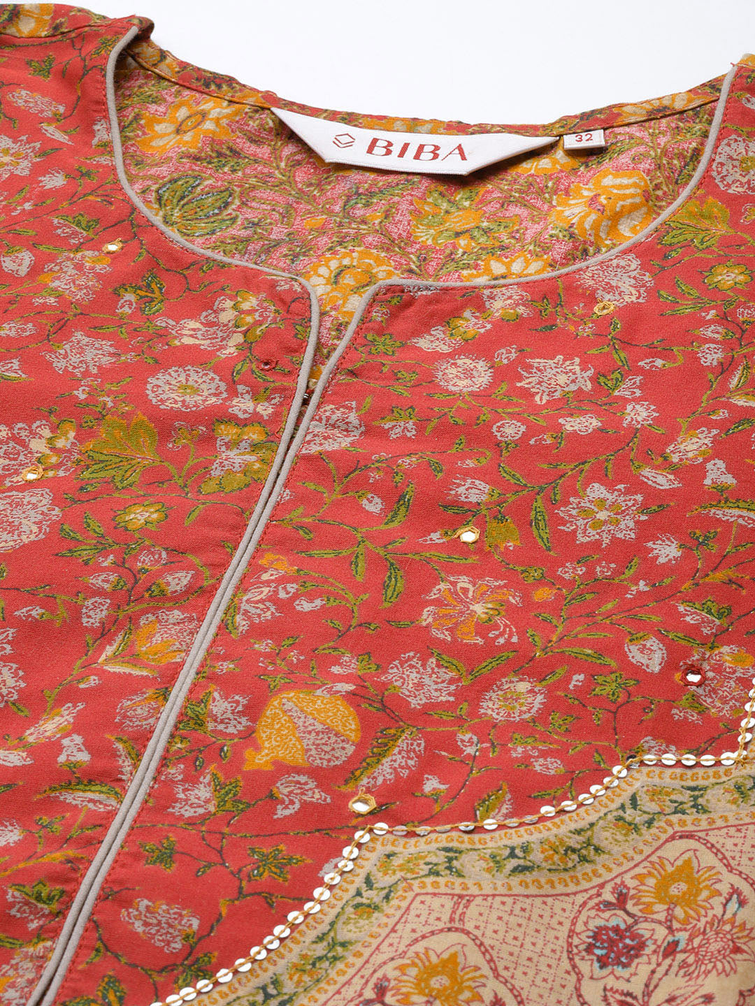 Biba Women Red Floral Printed Regular Pure Cotton Kurta with Palazzos & With Dupatta - Distacart