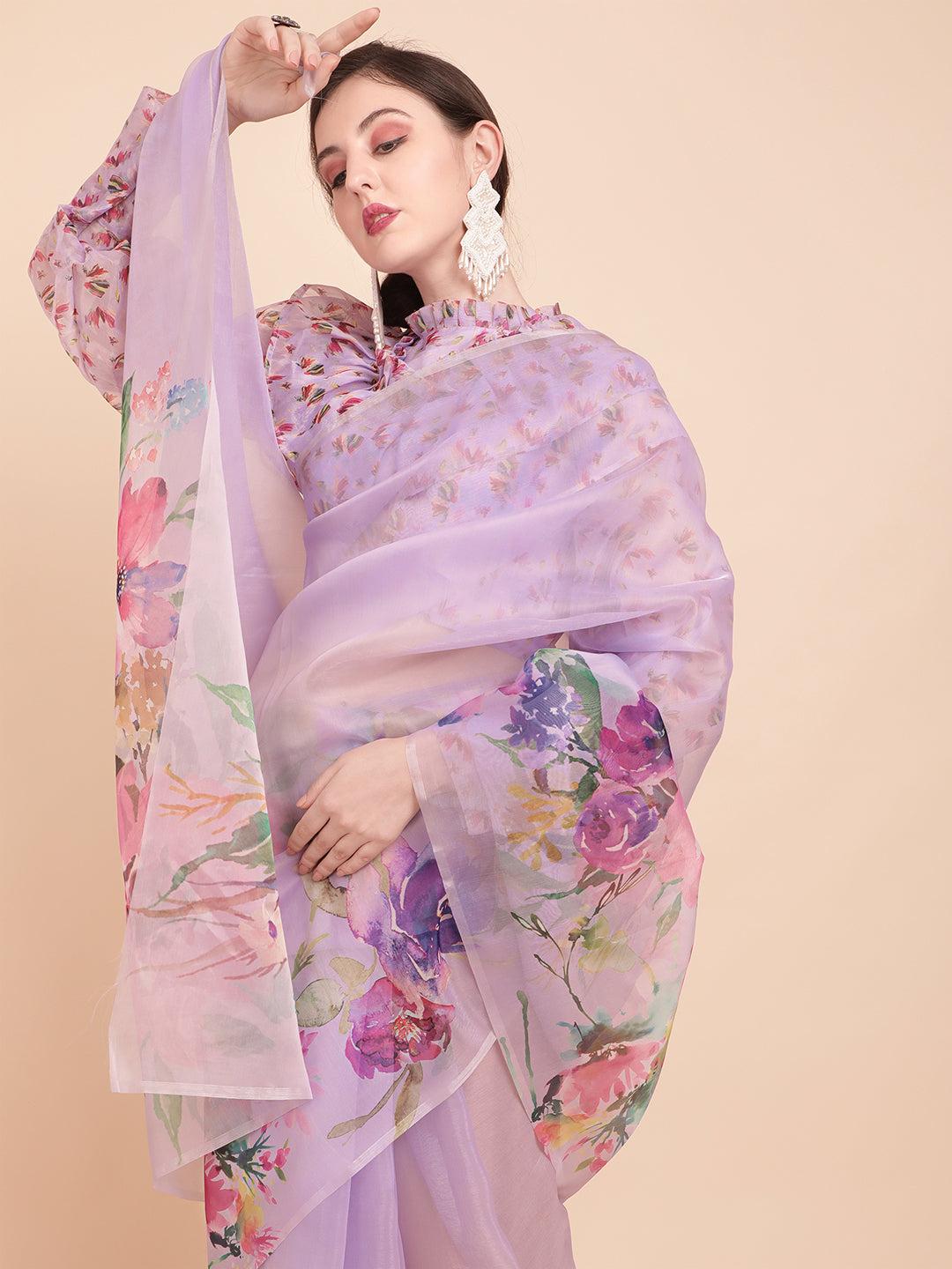 Sangria Lavender & Green Floral Organza Saree - Distacart